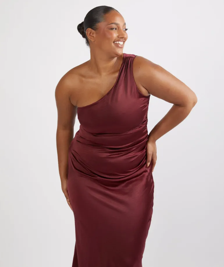 One Shoulder Satin Ruched Bridesmaid Dress - Deep Wine