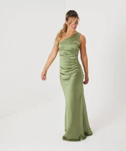 One Shoulder Satin Ruched Bridesmaid Dress - Moss Green