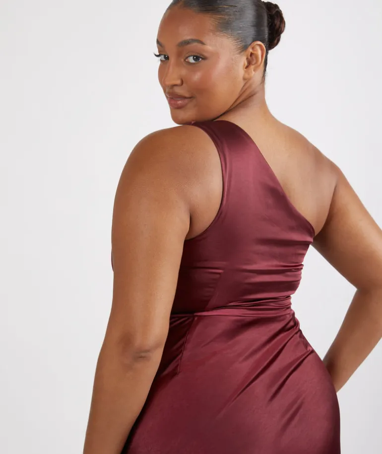 One Shoulder Satin Ruched Bridesmaid Dress - Deep Wine