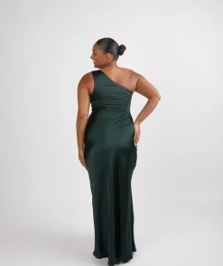 One Shoulder Satin Ruched Bridesmaid Dress - Emerald