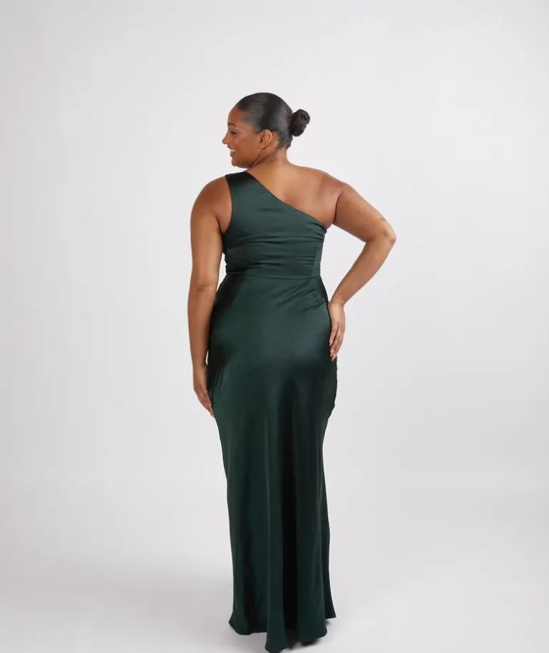 One Shoulder Satin Ruched Bridesmaid Dress - Emerald
