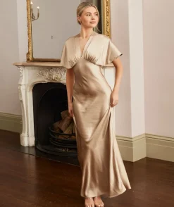 Plunge Batwing Satin Bridesmaid Dress - Champagne