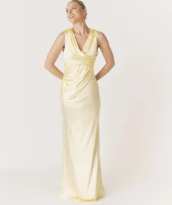 Plunge Drape Detail Satin Bridesmaid Dress - Butter Lemon