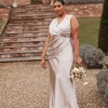 Plunge Drape Detail Satin Bridesmaid Dress - Oyster