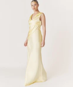 Plunge Drape Detail Satin Bridesmaid Dress - Butter Lemon