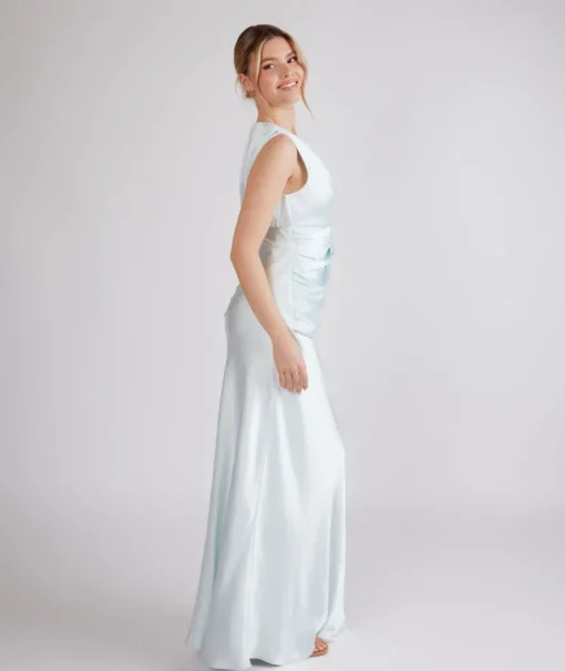 Plunge Drape Detail Satin Bridesmaid Dress - Ice Blue