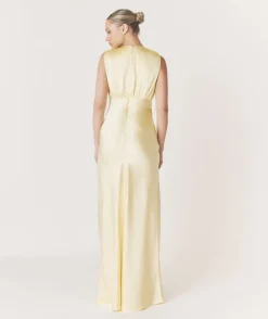 Plunge Drape Detail Satin Bridesmaid Dress - Butter Lemon