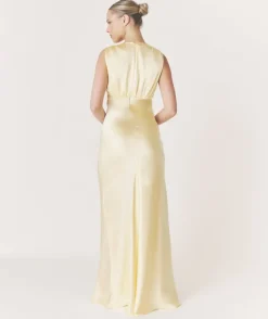 Plunge Drape Detail Satin Bridesmaid Dress - Butter Lemon