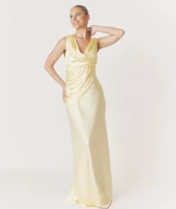 Plunge Drape Detail Satin Bridesmaid Dress - Butter Lemon