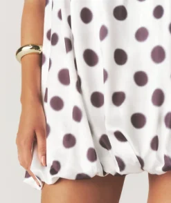 Polka Dot Satin Puff Ball Mini Dress - White