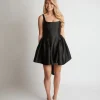 Satin Bow Back Pleated Skirt Mini Dress - Black