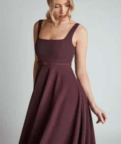 Square Neck Belted Midi Dress - Burgundy