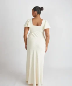 Square Neck Flutter Sleeve Crepe Bridesmaid Dress - Almond