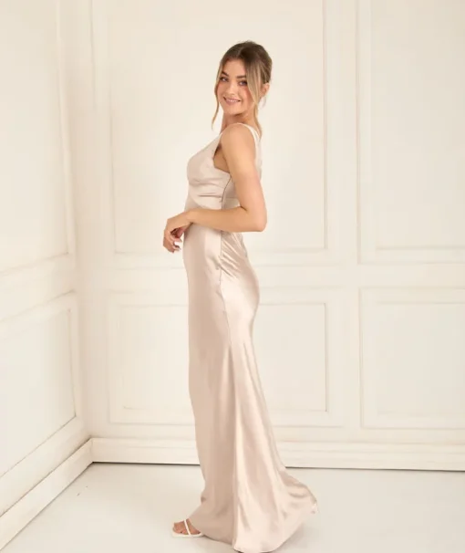 Twist Back Satin Bridesmaid Dress - Oyster