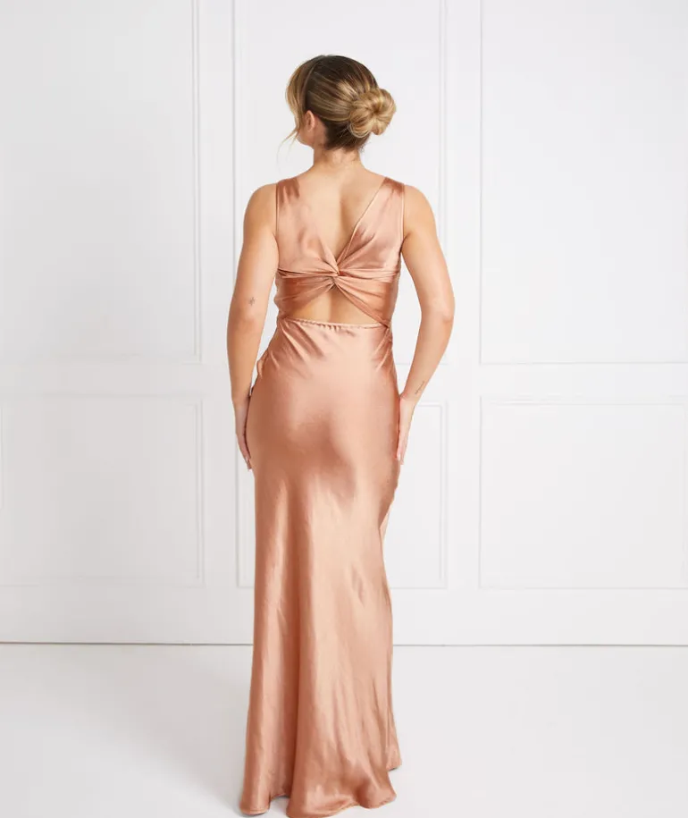 Twist Back Satin Bridesmaid Dress - Burnt Peach
