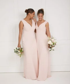 V Neck Plunge Crepe Bridesmaid Dress - Blush