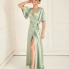 Wrap Tie Satin Bridesmaid Dress - Sage