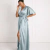 Wrap Tie Satin Bridesmaid Dress - Dusty Blue