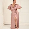 Wrap Tie Satin Bridesmaid Dress - Rose