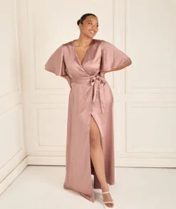 Wrap Tie Satin Bridesmaid Dress - Rose
