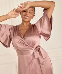 Wrap Tie Satin Bridesmaid Dress - Rose