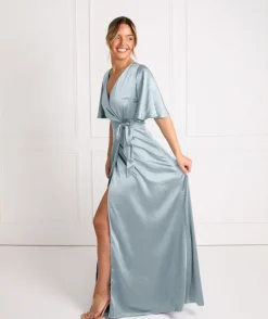 Wrap Tie Satin Bridesmaid Dress - Dusty Blue