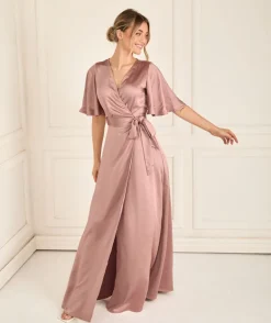 Wrap Tie Satin Bridesmaid Dress - Rose