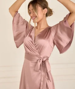 Wrap Tie Satin Bridesmaid Dress - Rose